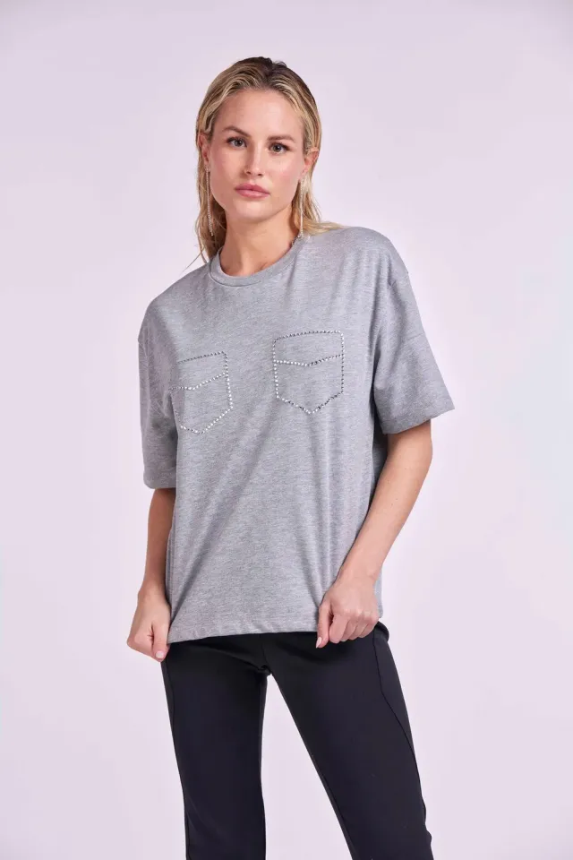 4 Giveness Strass Pockets t-shirt grigia tasche strass