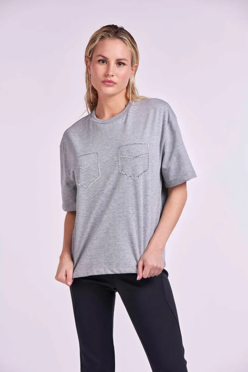 4 Giveness Strass Pockets t-shirt grigia tasche strass