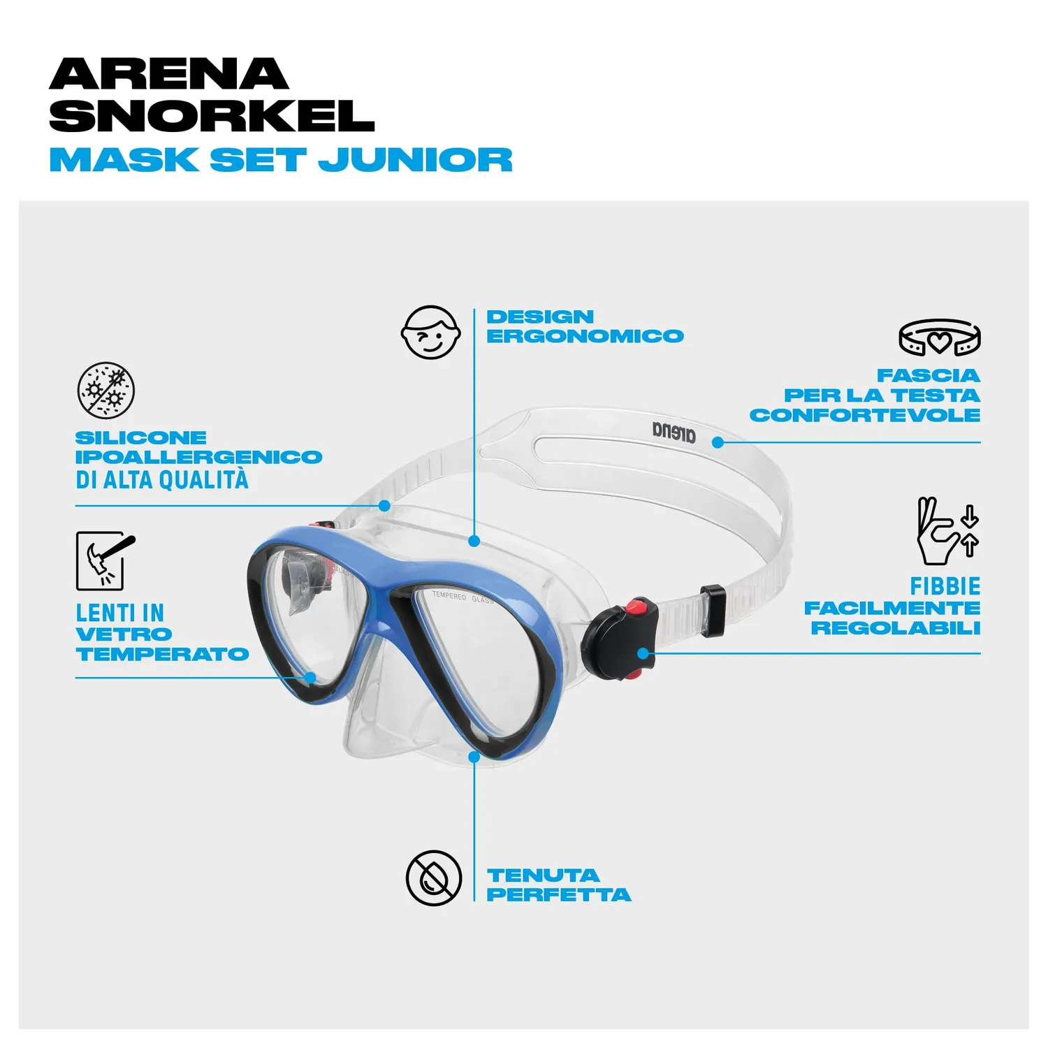 Arena Snorkel Mask Set Jr set snorkeling blu dry-top