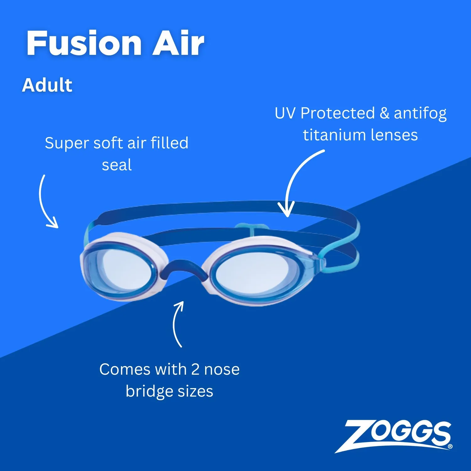 Zoggs Fusion Air occhialini nuoto bianco blu lente fumé