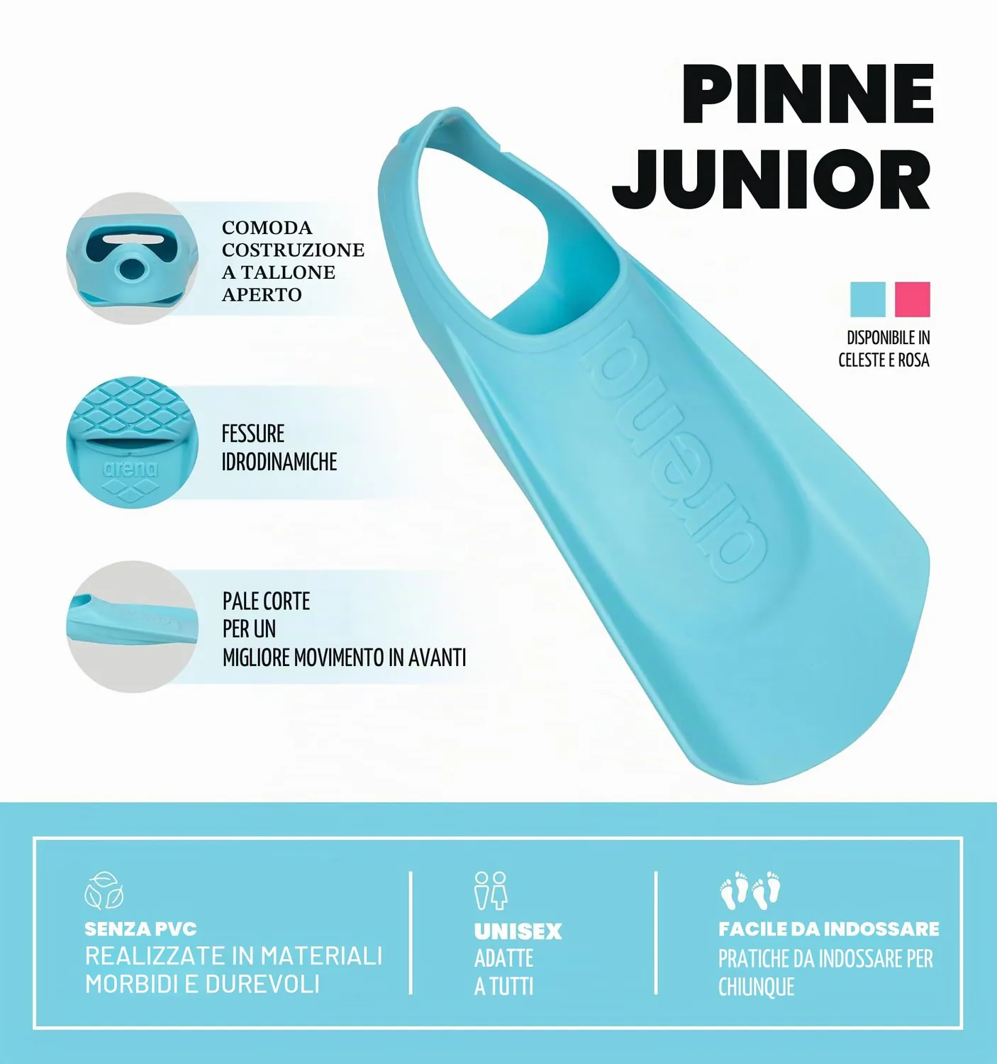 Arena Swim Fin pinne bambini elastomero tallone aperto