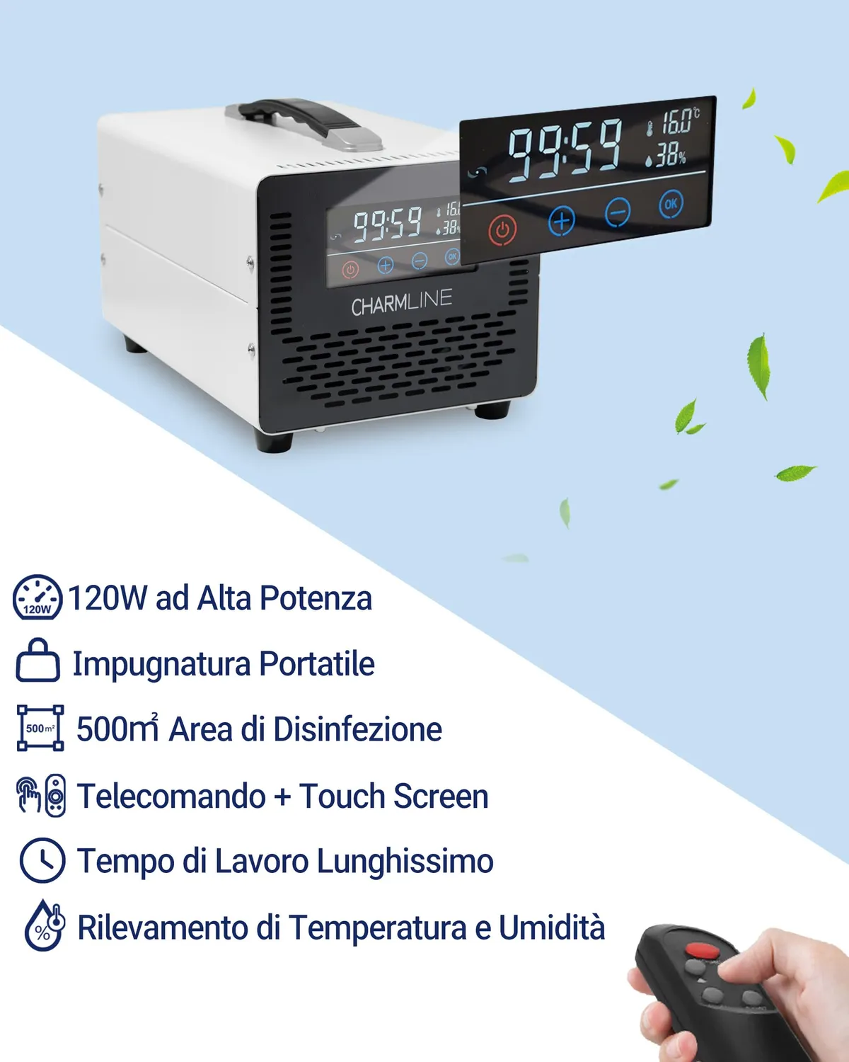 Charmline ozonizzatore 60000mg/h bianco telecomando 500mq