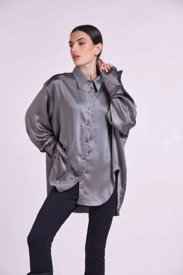 4Giveness Satin Shirt camicia raso lunga nera fluido
