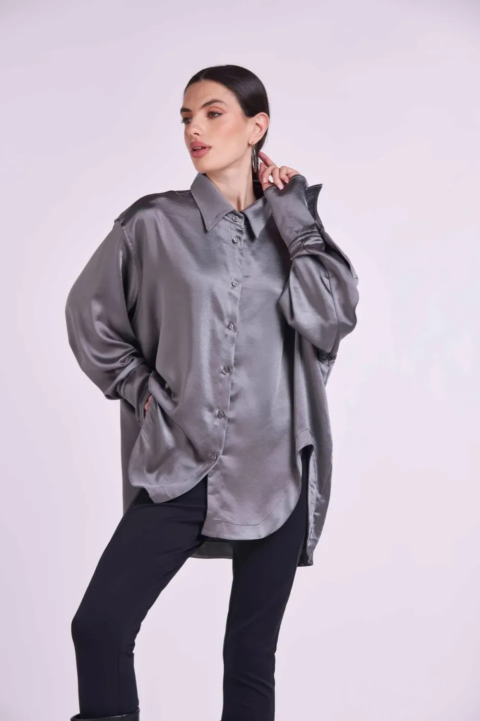 4Giveness Satin Shirt camicia raso lunga nera fluido