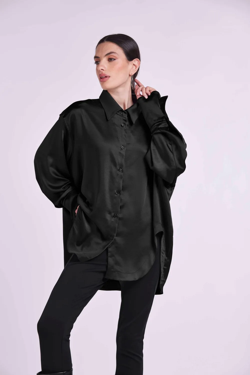 4Giveness Satin Shirt camicia raso lunga nera fluido