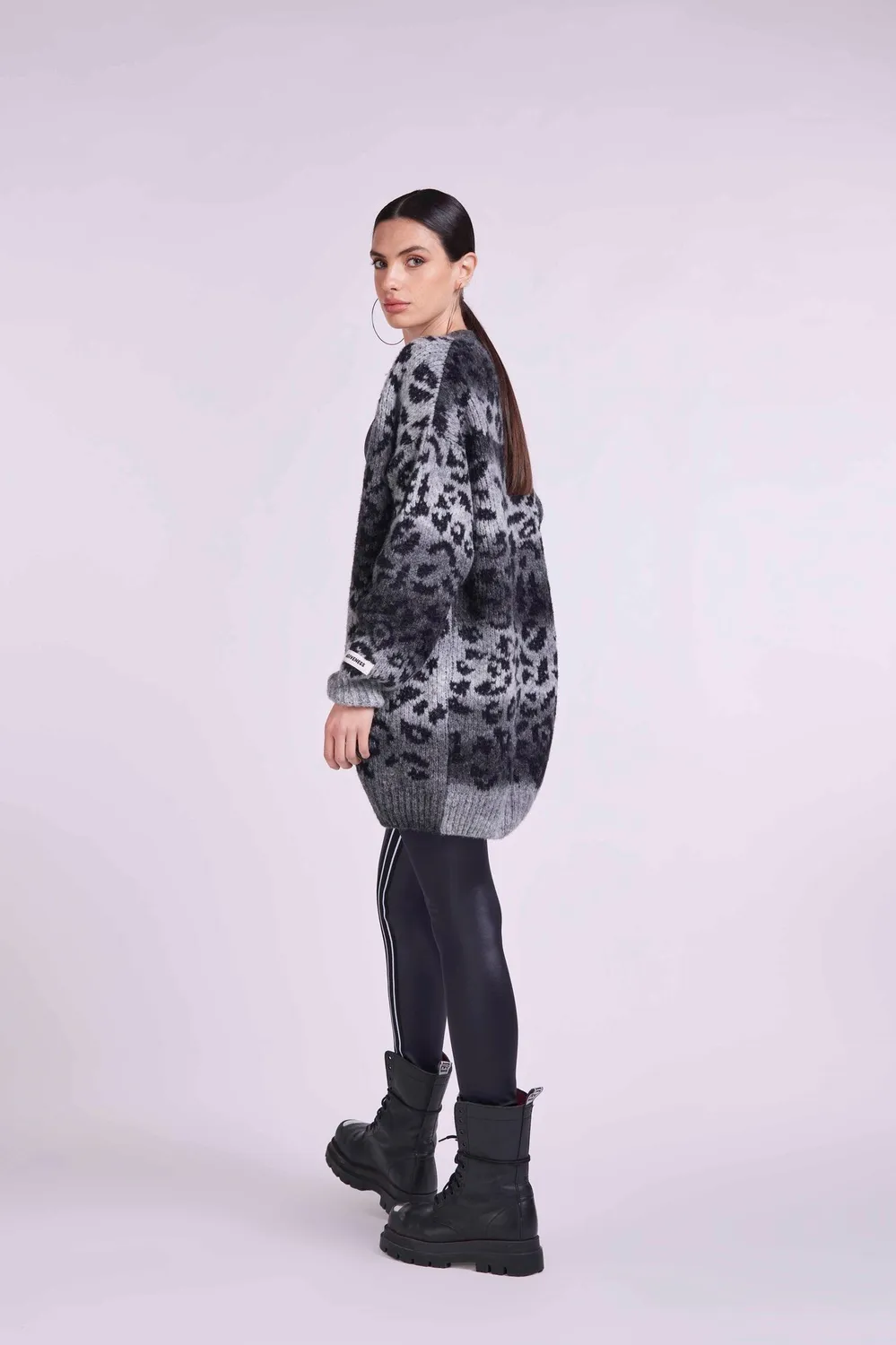 4 Giveness Leo cardigan donna jacquard jersey grigio lana