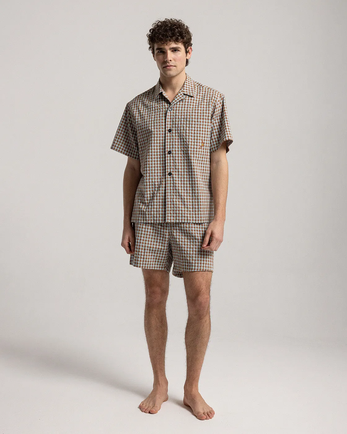 Mosso Sunwear Vichy camicia marrone seersucker cotone