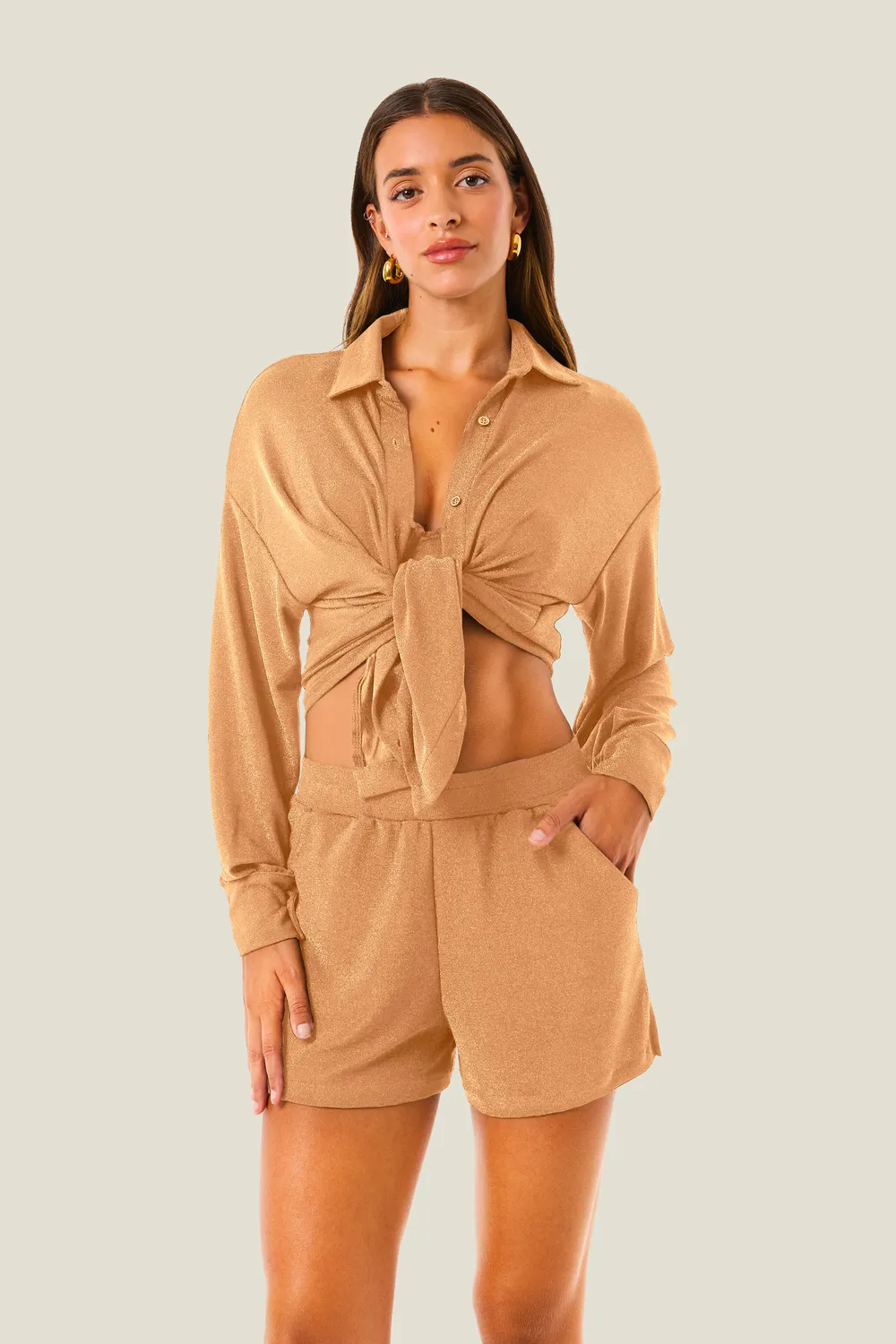 4 Giveness Lurex Resort Camicia Nodo Brillante Donna