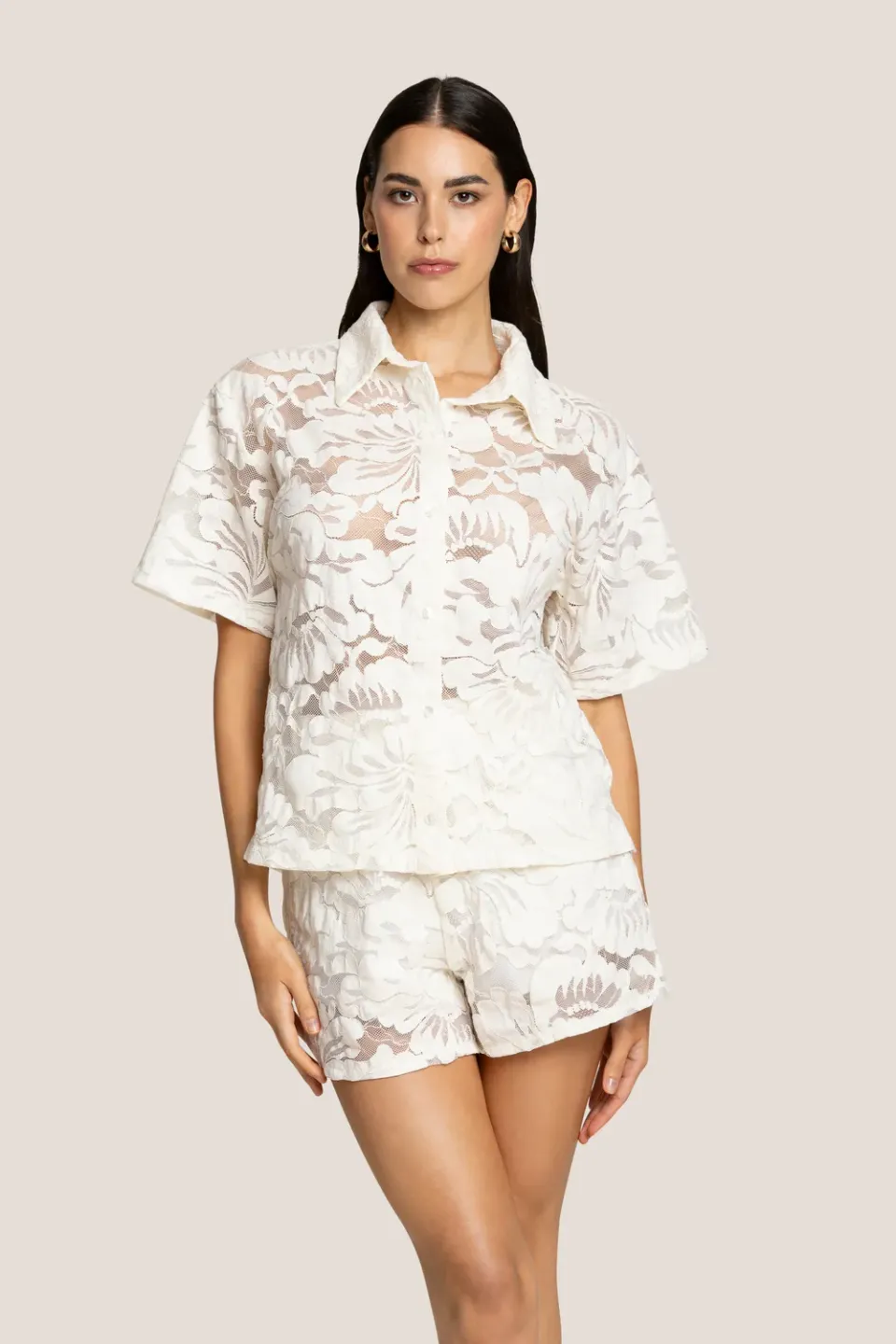 4 Giveness Blossom Lace camicia manica corta pizzo bianca