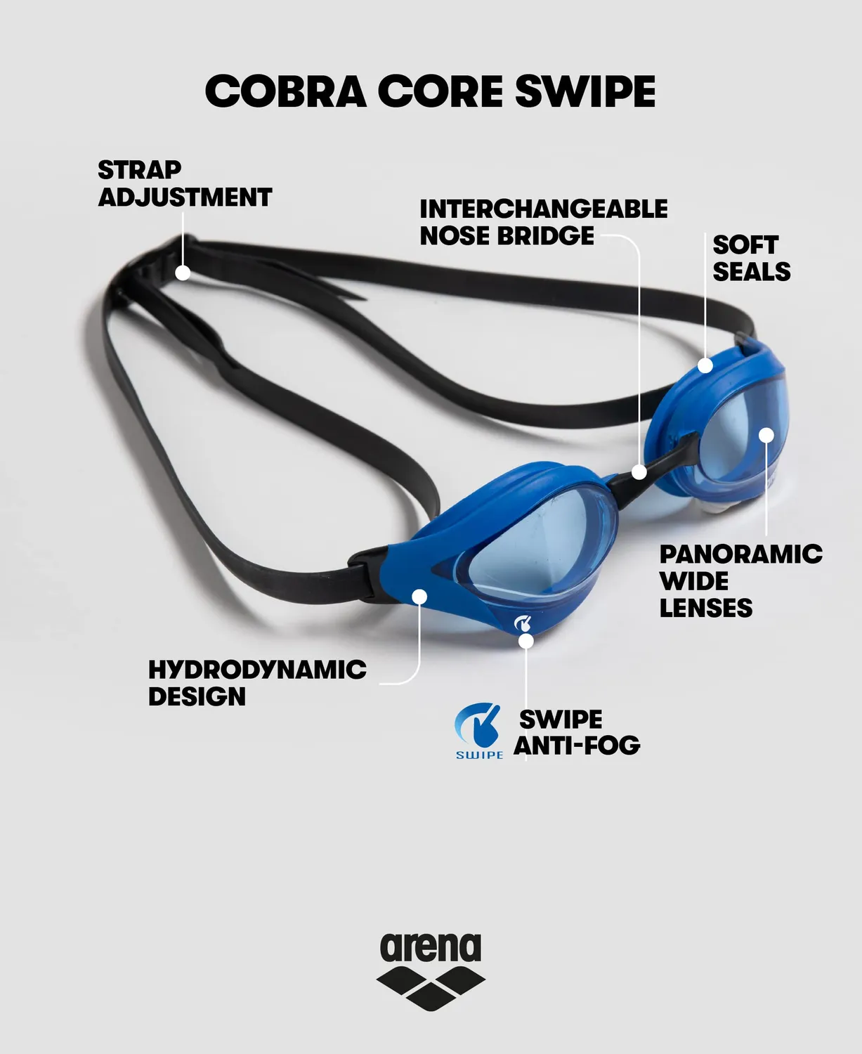 Arena Cobra Core Swipe occhialini gara clear shark grey