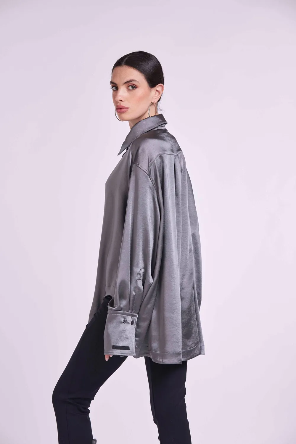 4Giveness Satin Shirt camicia raso lunga nera fluido
