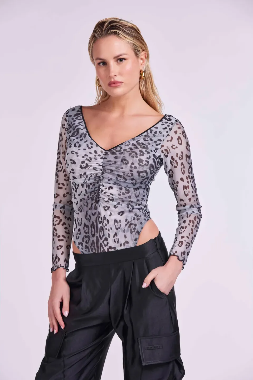 4 Giveness Body Manica Lunga Tulle Elasticizzato Grigio XS