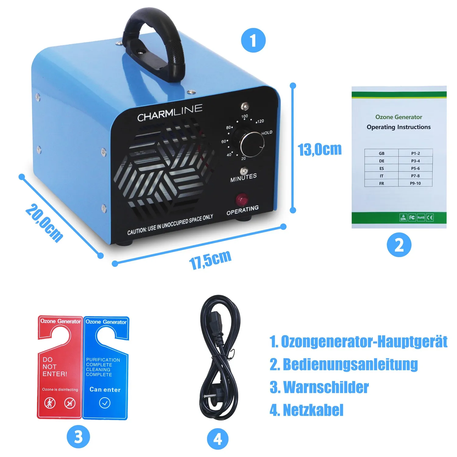 Charmline generatore ozono 40000 mg/h ozonizzatore 300 mq blu