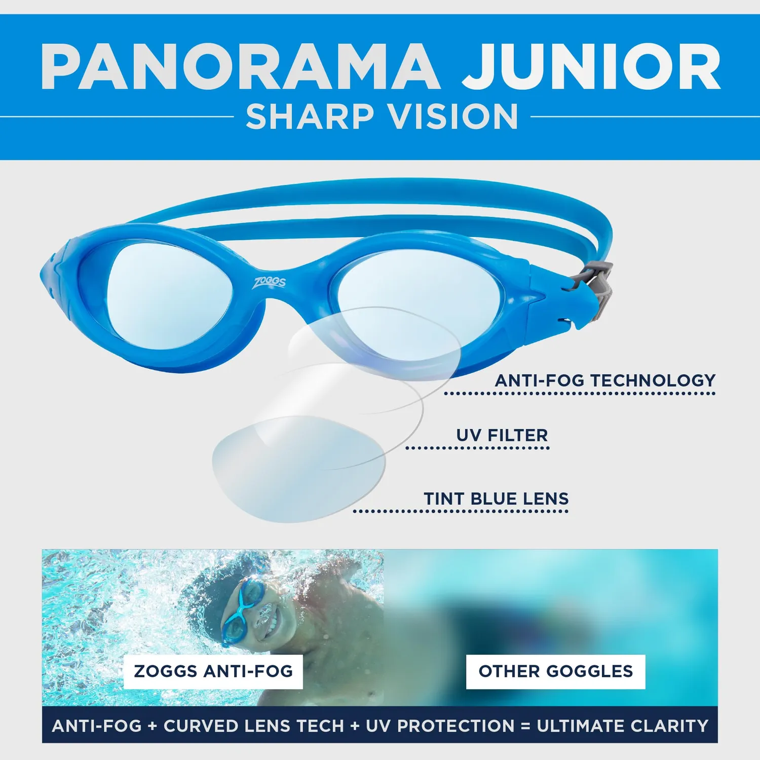 Zoggs Panorama Junior occhialini nuoto blu grigio tinta 6-14 anni