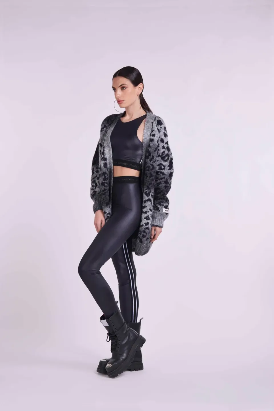 4 Giveness Leo cardigan donna jacquard jersey grigio lana