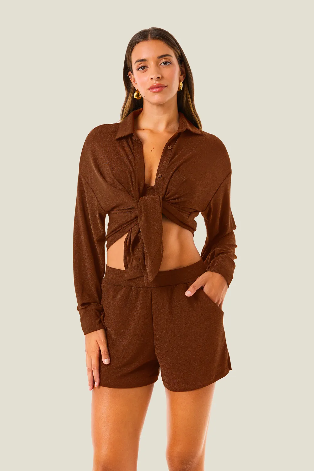 4 Giveness Lurex Resort Camicia Nodo Brillante Donna