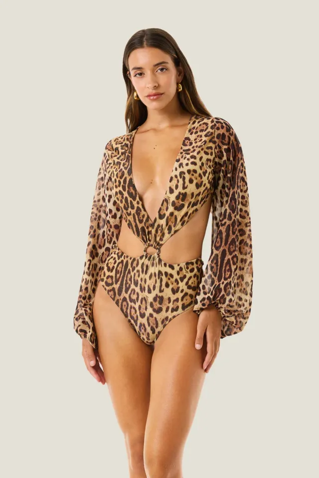 4 Giveness Leopard Resort body manica lunga leopardato
