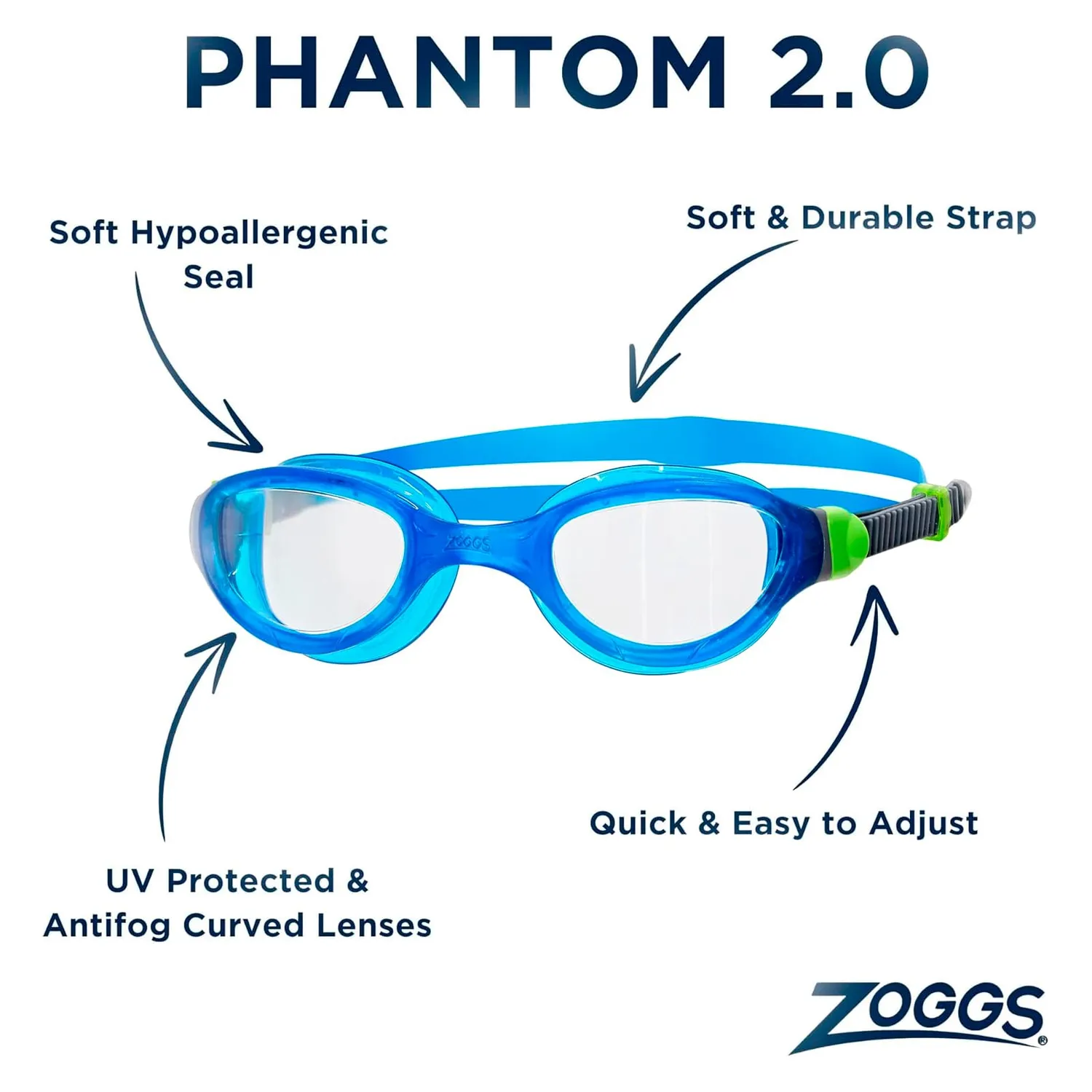 Zoggs Phantom 2.0 occhialini nuoto trasparente blu grigio interno