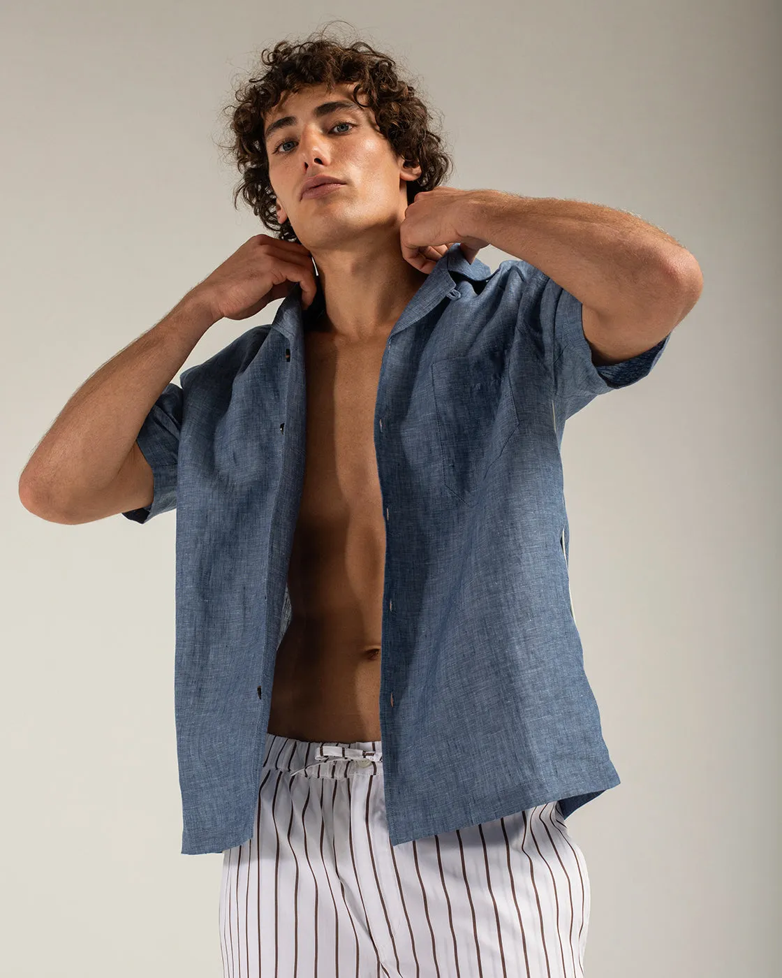 Mosso Sunwear Pantelleria camicia lino blu manica corta